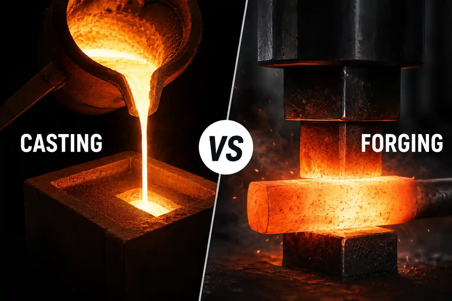 Casting vs forging process comparison showing molten metal casting and hot metal forging
