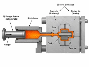 Cross-section diagram of the die casting process showing the plunger, shot sleeve, steel die halves, gate, cavity, core pin, and molten metal flow