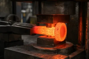Hot metal billet being compressed under a forging press
