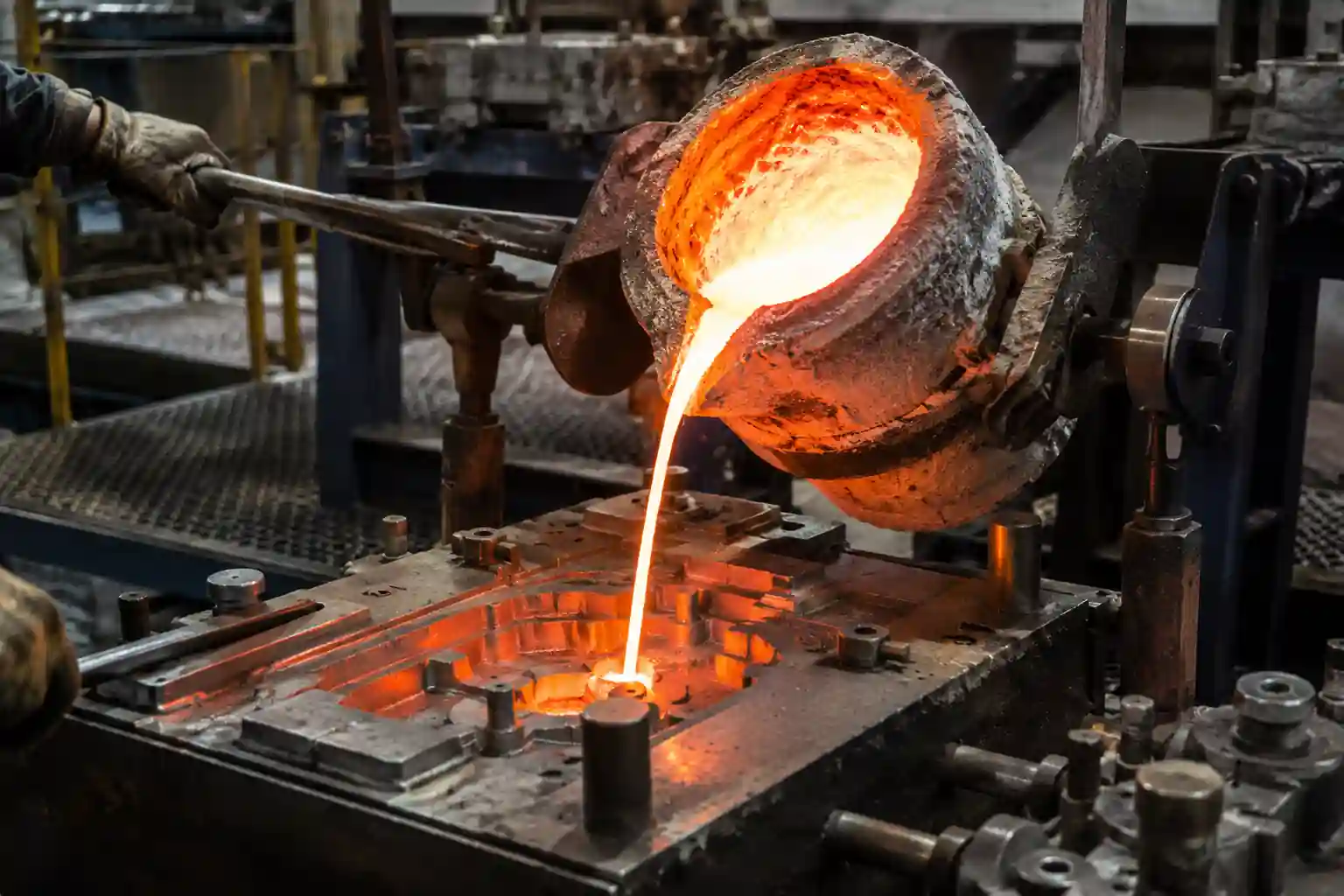 Molten aluminum being poured into a metal mold during gravity die casting