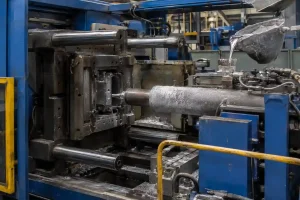 High pressure die casting machine with molten metal being poured into the shot chamber
