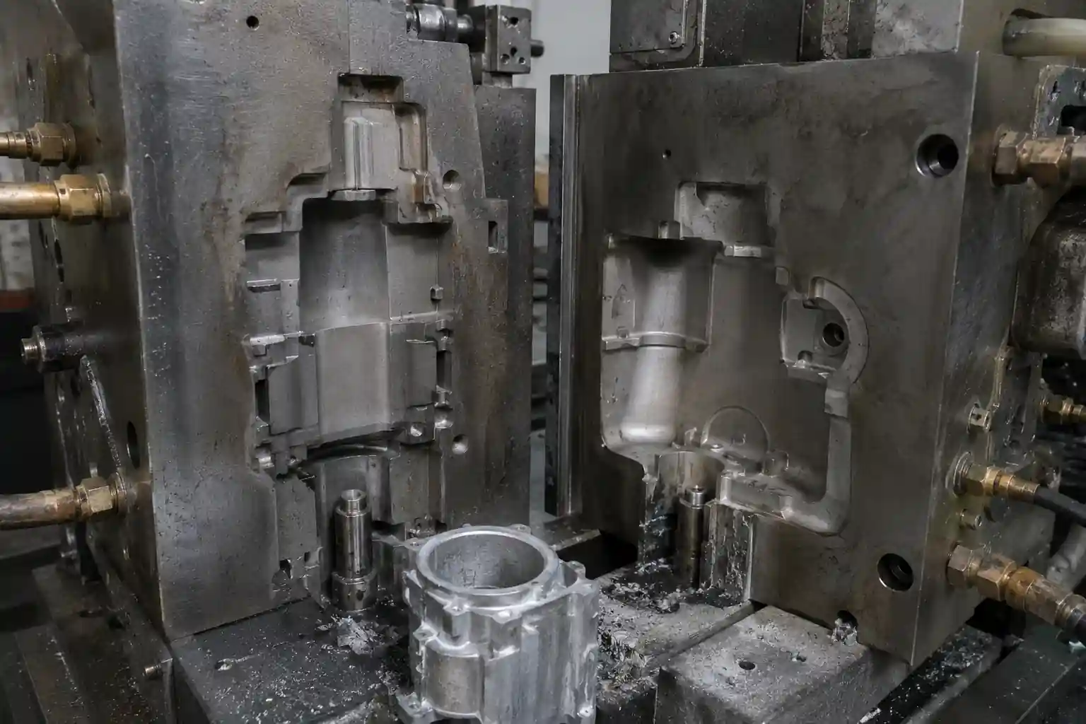 Close-up of a low-pressure casting metal mold in a workshop