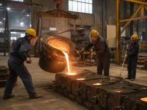 Molten metal being poured into sand molds during a sand casting process in a foundry