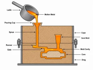 Cross-section diagram of the sand casting process showing the sand mold, pouring basin, sprue, runner, cavity, core, and molten metal flow.
