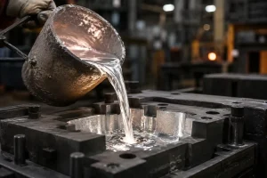Molten aluminum being poured into a metal mold during the casting process