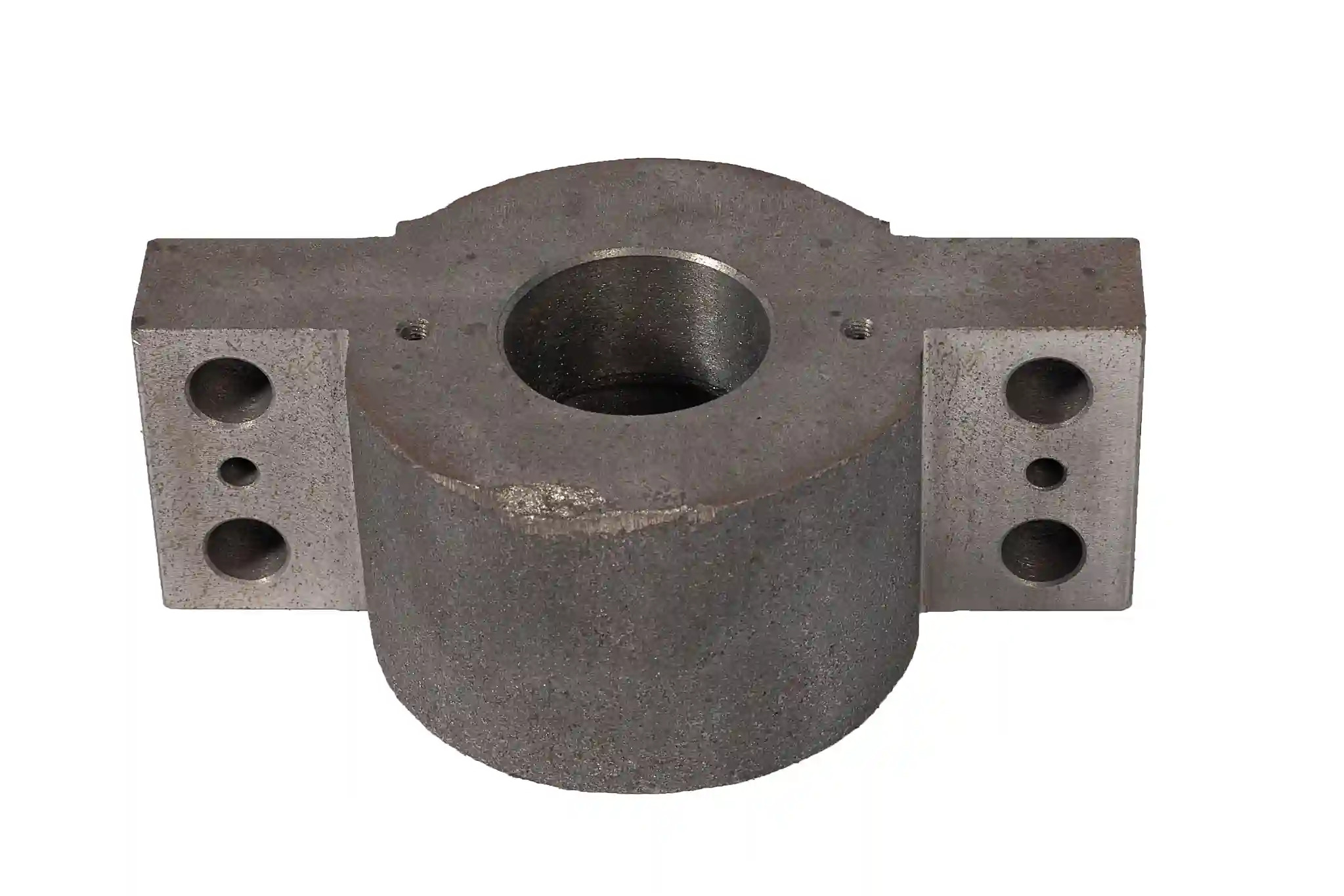 Cast flange bearing housing with machined bore and mounting holes
