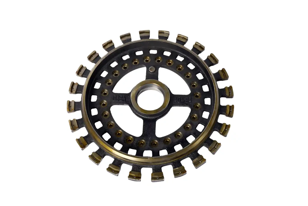 Cast iron rotary wheel component with machined mounting features
