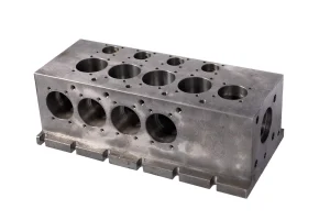 Cast iron valve manifold block with precision machined passages