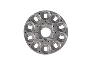 Circular mounting flange casting with machined holes and raised mounting features