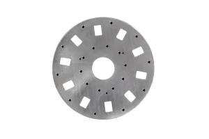 Back view of circular mounting flange casting with machined surface and bolt holes
