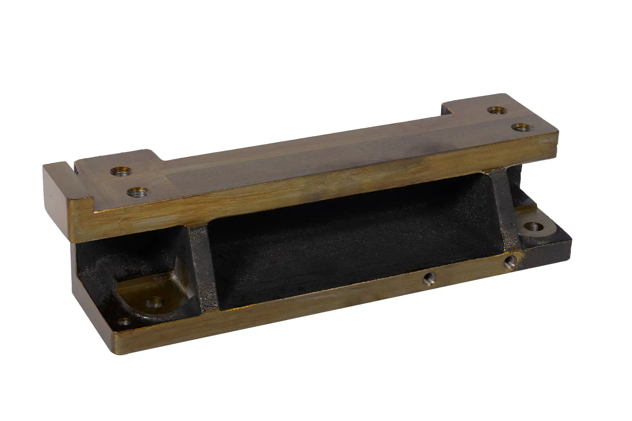 Cast industrial equipment support base with machined mounting surfaces and holes