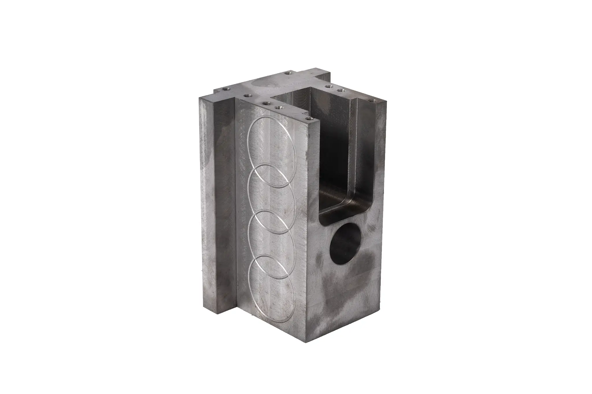 Industrial fixture base with machined holes and structural support