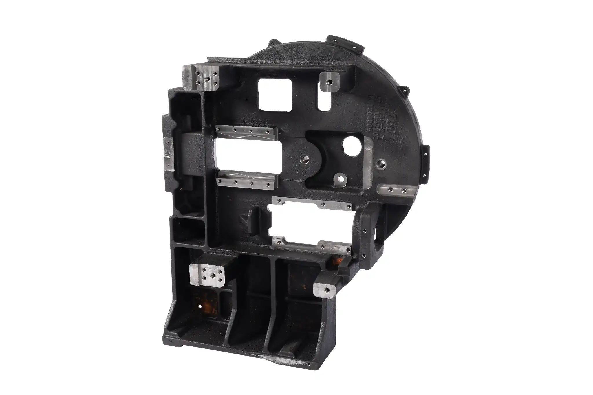 Industrial machine frame housing with reinforced structure and machined mounting surfaces