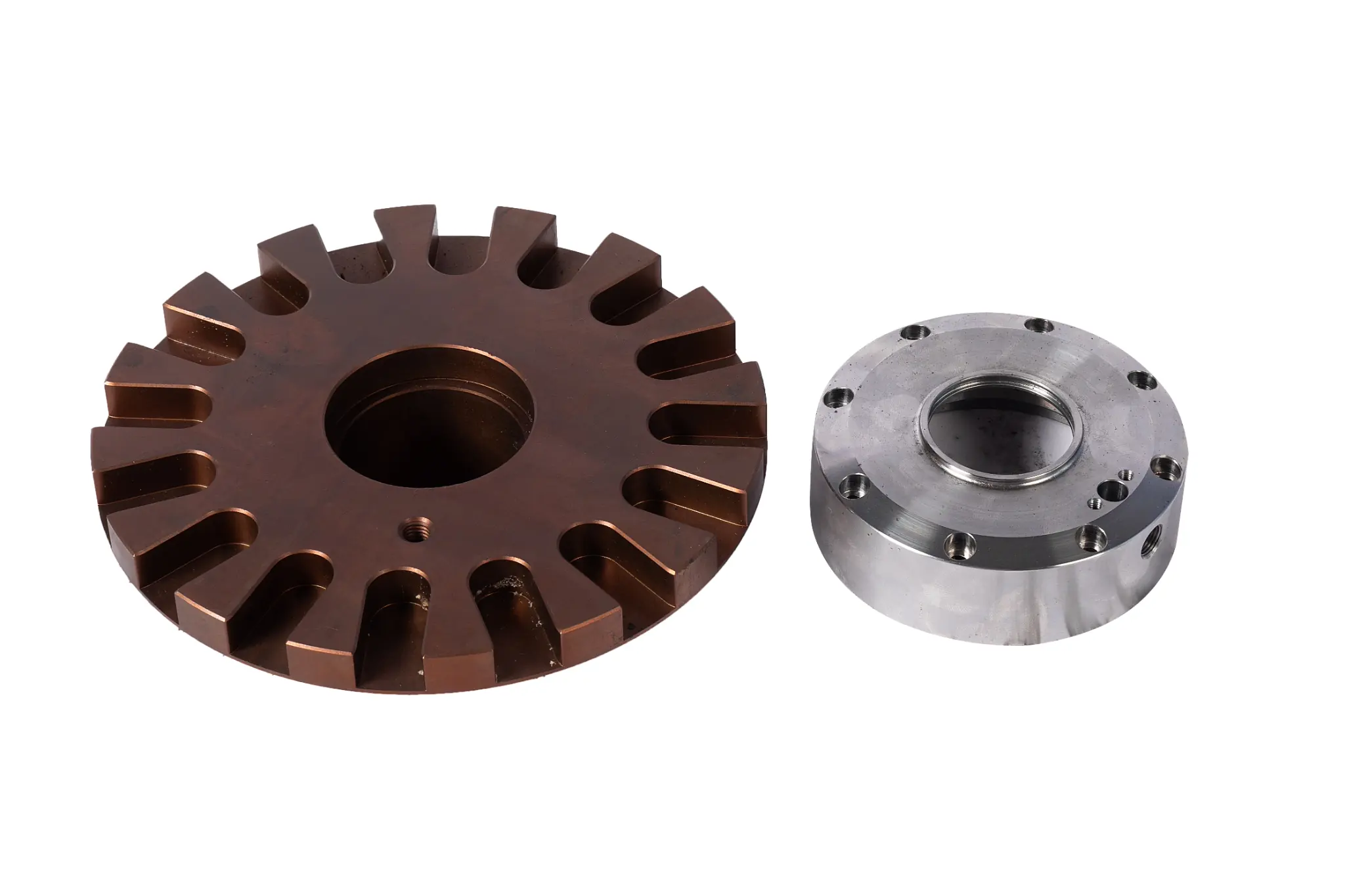 Custom industrial rotor component with machined bore and radial slots