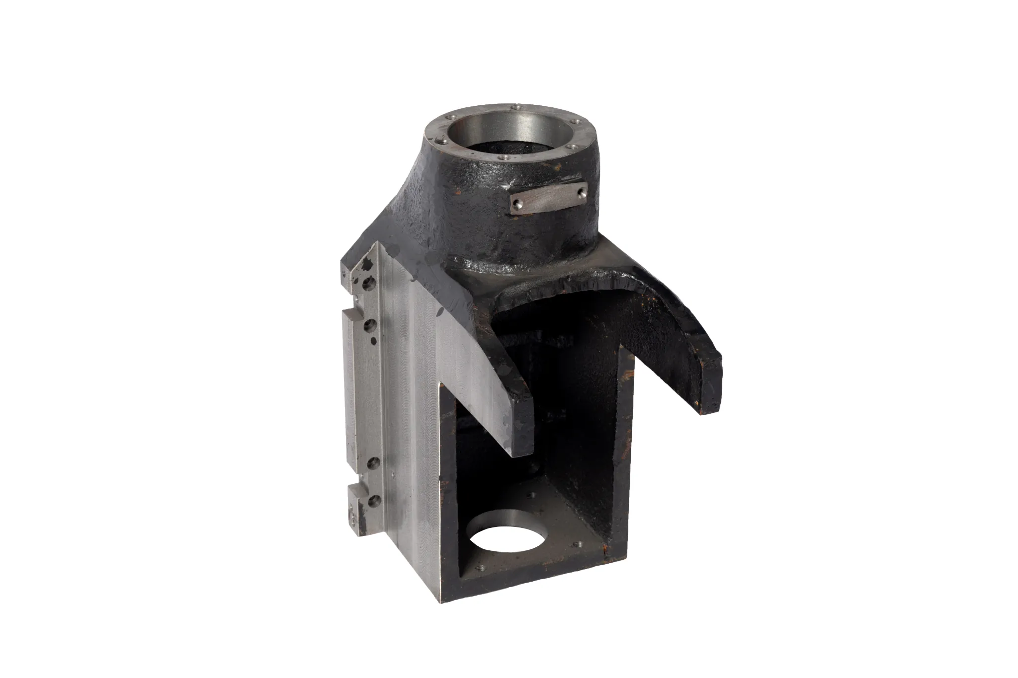 Back view of industrial support housing showing machined details