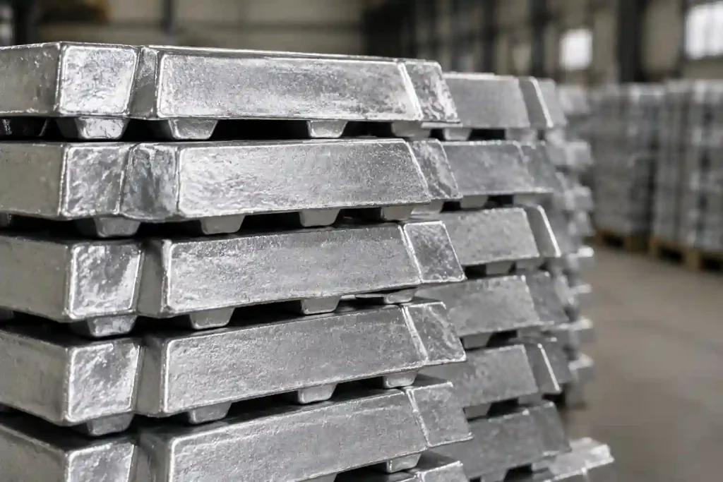 Stacked recycled aluminum ingots in an industrial warehouse