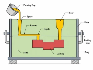 Sand casting mold diagram showing pouring cup, sprue, runner, ingate, riser, and casting cavity