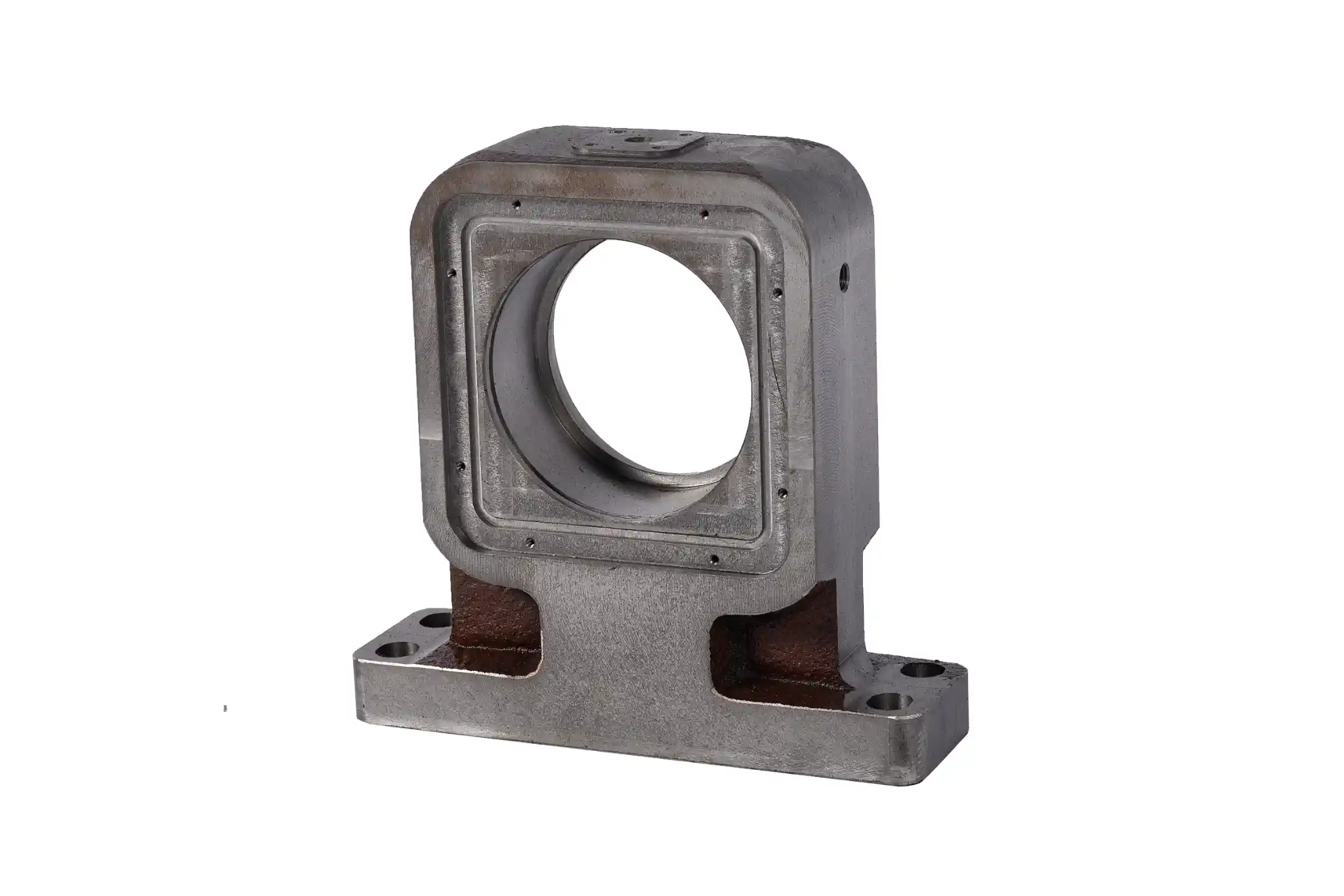 Square bearing housing casting with machined central bore and mounting base
