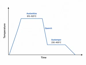 ADI austempering temperature-time curve showing austenitizing, quenching, and isothermal holding