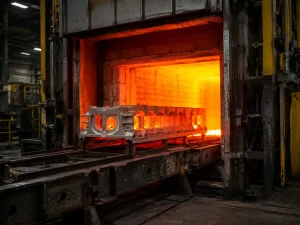 How heat treatment works: solution, quench, and age
Aluminum heat treatment follows three steps:
Solution treatment — heat the casting to roughly 480-540°C so alloying elements dissolve fully into the aluminum matrix.
Quenching — cool the part rapidly, usually in hot water, a polymer bath, or forced air, to lock those elements in solution.
Aging — reheat to 150-200°C for a set time so fine precipitates form and strengthen the material.
The solution step sets up the chemistry, the quench freezes it in place, and aging does the strengthening. Two details matter on the shop floor. The transfer from quench to aging is timed: 15-20 seconds is a typical allowance before the quench effect starts to degrade, so the quench bath should sit next to the furnace. And castings packed too tightly heat unevenly, so loading is part of the specification.