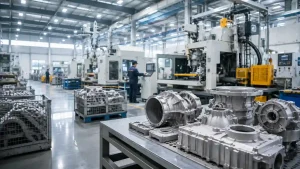 Aluminum die casting factory production line with industrial casting machines and aluminum parts