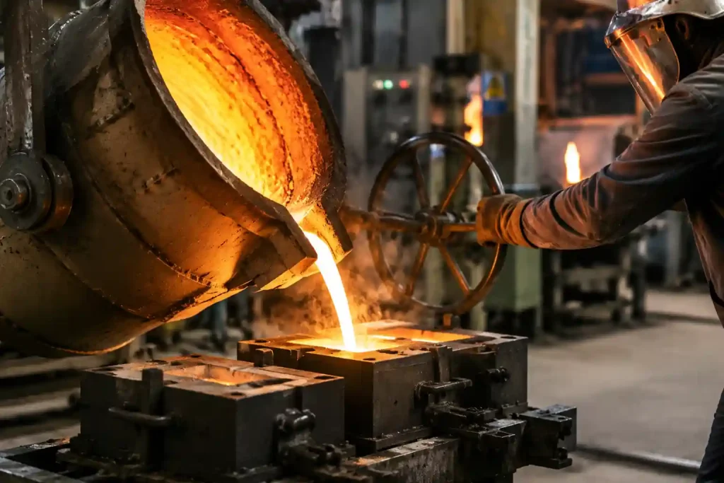 Casting supplier worker pouring molten metal into molds in an industrial foundry