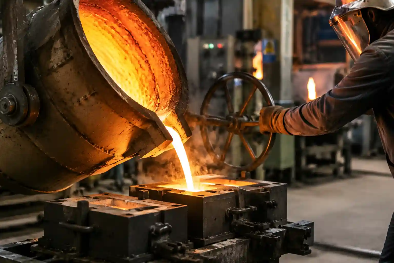 Casting supplier worker pouring molten metal into molds in an industrial foundry