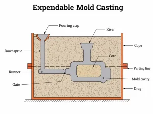 Schematic diagram of expendable mold casting showing pouring cup, downsprue, runner, riser, cavity, core, cope and drag