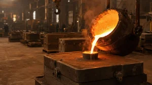 Molten gray iron being poured into a sand mold in a foundry