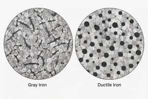 Gray iron vs ductile iron microstructure showing flake graphite and spheroidal graphite