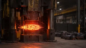 Hot steel billet being forged under a hydraulic press in a forging workshop