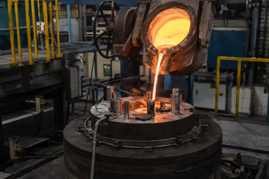 Molten aluminum pouring during low pressure casting production