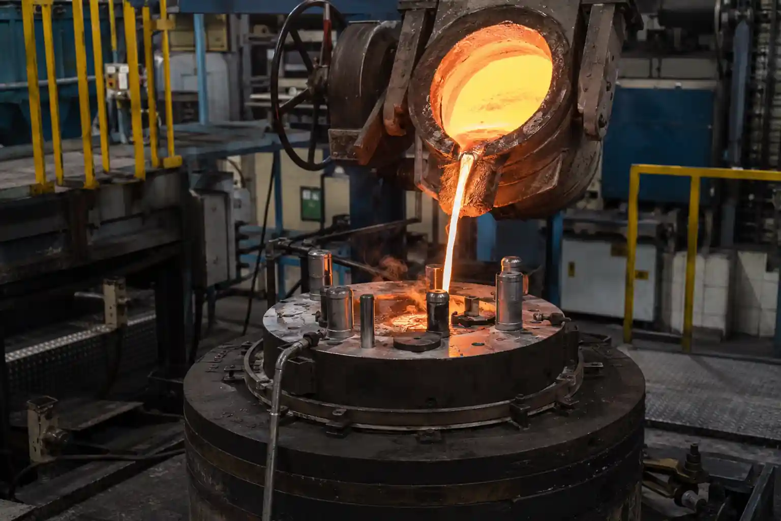 Molten aluminum pouring during low pressure casting production