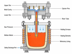 Low pressure casting principle diagram showing holding furnace, riser tube, mold cavity, and gas pressure system