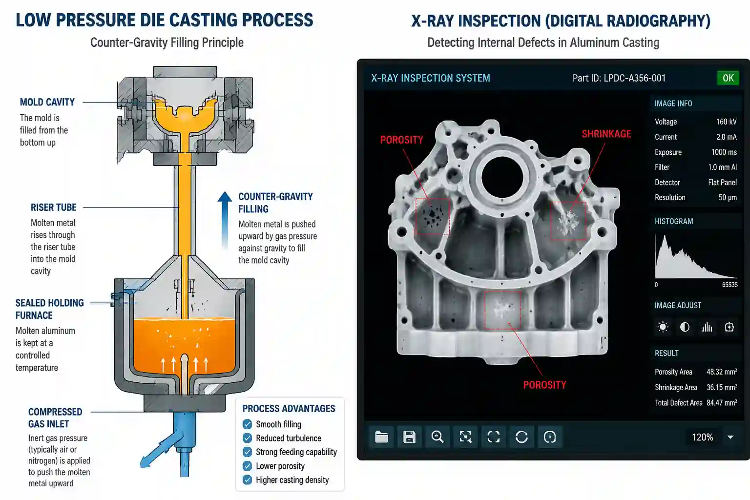 Low pressure die casting process and X-ray inspection showing internal defects in aluminum casting