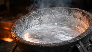 Molten aluminum in a foundry crucible