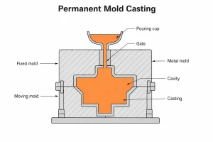 Permanent mold casting process diagram showing reusable metal mold structure and molten metal filling path