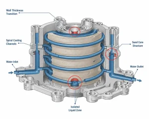 Low pressure die casting water-cooled housing cross section showing internal cooling channels and defect-prone areas