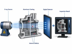 X-ray inspection principle showing aluminum casting internal defect detection with digital detector