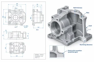 Konstruktionsrichtlinien für Schwerkraftdruckguss mit technischer Zeichnung und 3D-CAD-Modell