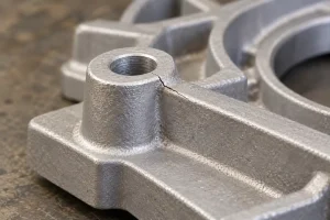 Cold crack extending from a mounting boss into the rib of an aluminum casting.