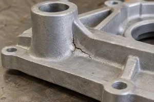 Hot tear at the junction of a mounting boss and rib on an aluminum casting.