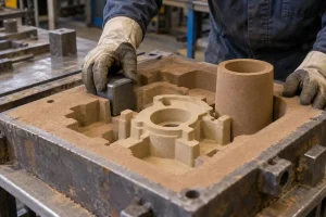 Foundry worker placing a steel chill in a sand mold for an aluminum casting.