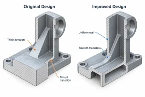 Aluminum casting design comparison showing thick junctions before optimization and more uniform walls afterward