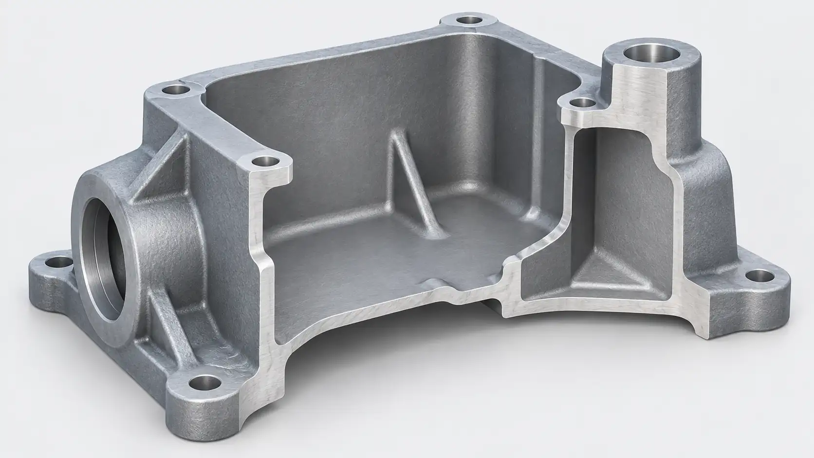 Cutaway view of an aluminum sand casting showing wall thickness, internal ribs, and mounting bosses
