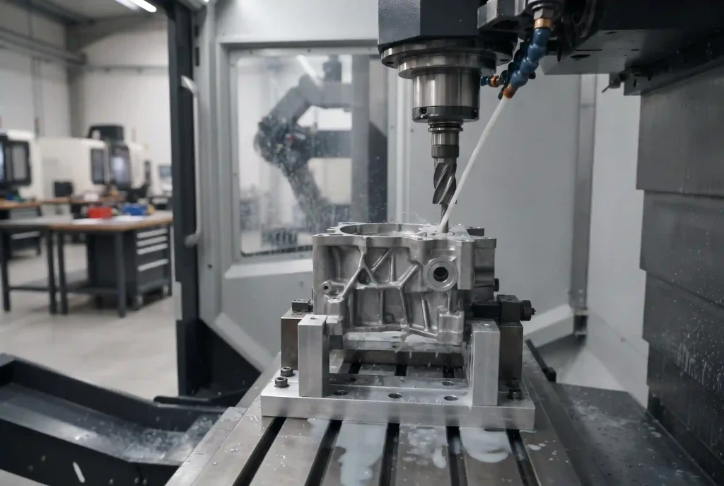 CNC milling machine processing a metal cast housing secured in a precision machining fixture.