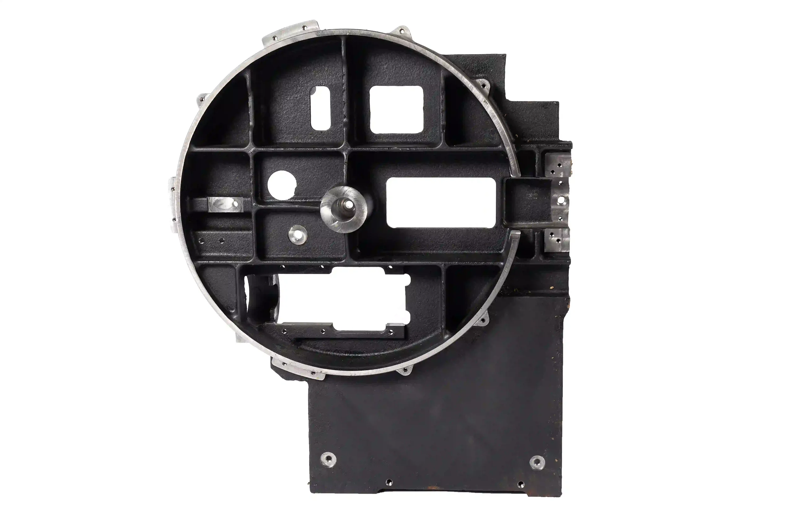 Circular magnesium alloy housing with internal reinforcing ribs, mounting holes, and structural openings.