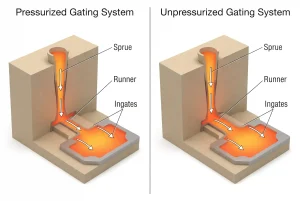 Side-by-side diagrams of pressurized and unpressurized gating systems in sand casting