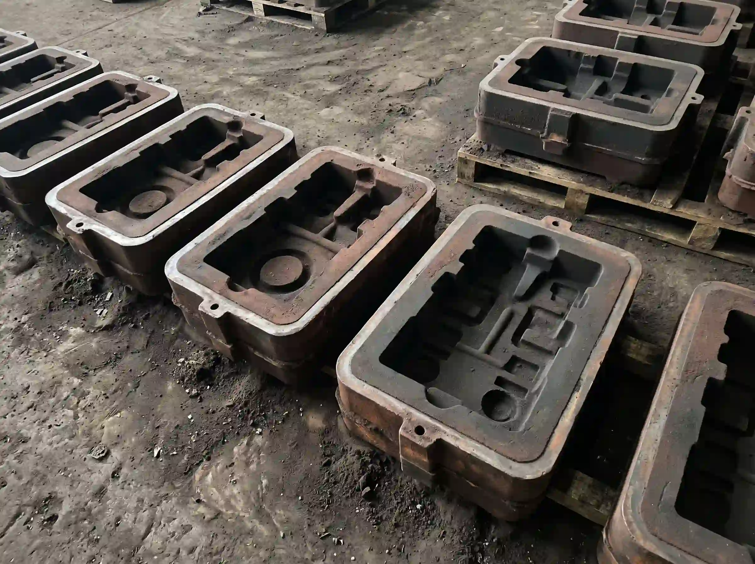 Rows of cured resin sand molds with detailed cavities arranged on foundry floor