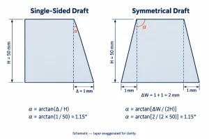 Comparison of single-sided and symmetrical draft angle calculations in sand casting